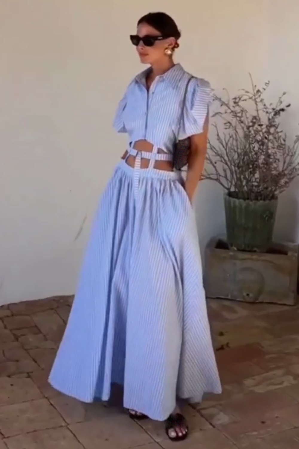 Pinstriped Print Flutter Sleeve Cutout Maxi Shirt Dresses-Blue [Pre Order]