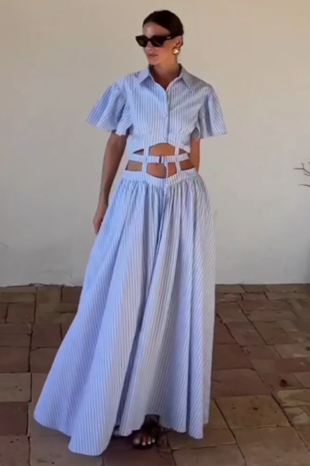 Pinstriped Print Flutter Sleeve Cutout Maxi Shirt Dresses-Blue [Pre Order]