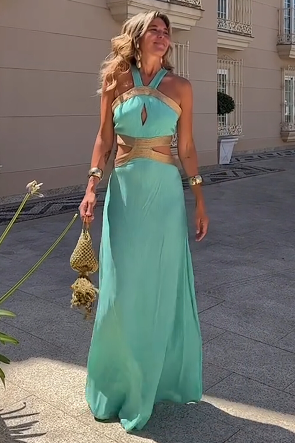 Colorblock Trim Cutout Backless Sleeveless Maxi Dresses-Green [Pre Order]