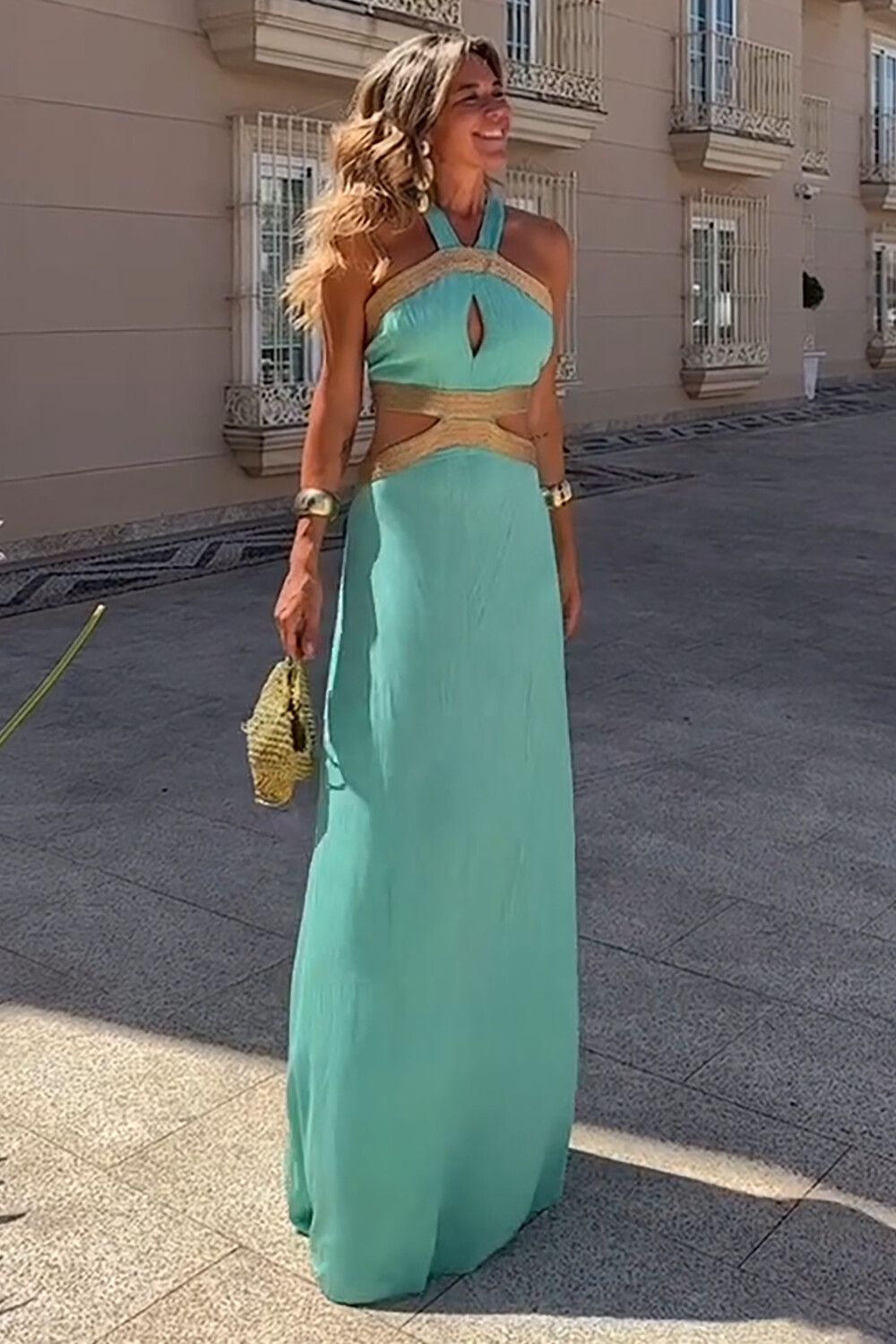 Colorblock Trim Cutout Backless Sleeveless Maxi Dresses-Green [Pre Order]