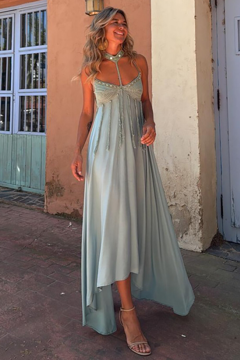 Halter Knit Patchwork Fringed A-Line Irregular Maxi Dresses-Grey [Pre Order]