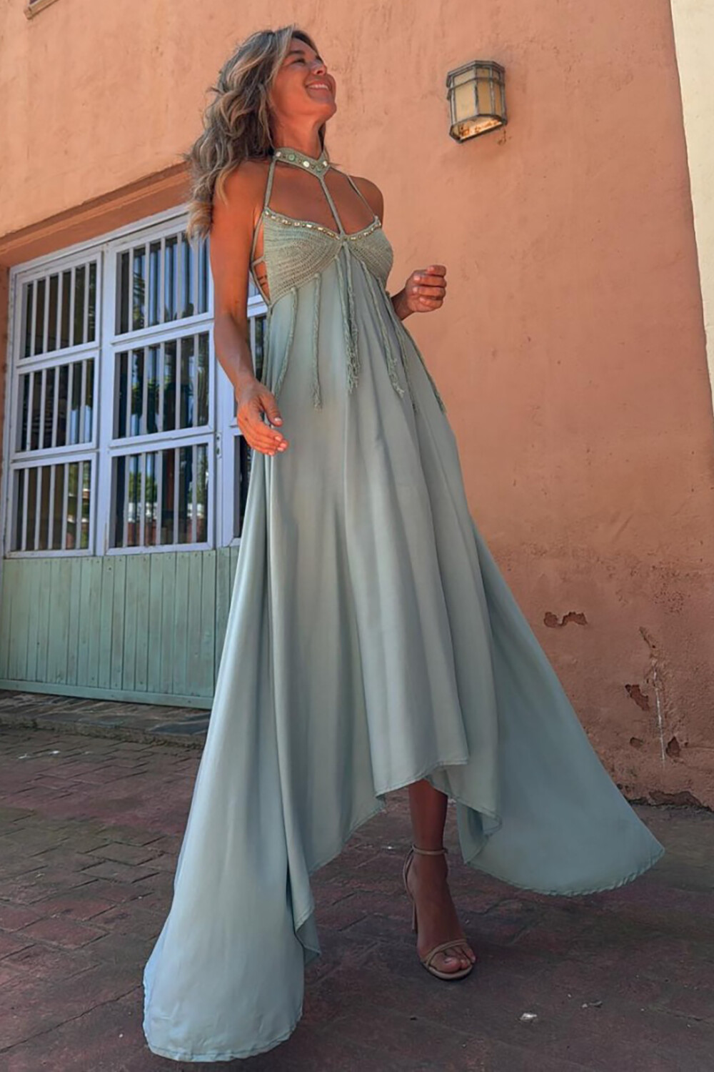 Halter Knit Patchwork Fringed A-Line Irregular Maxi Dresses-Grey [Pre Order]