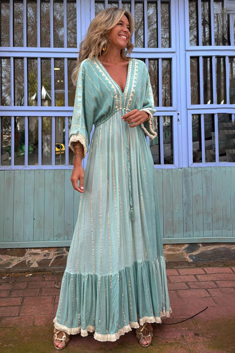 Shimmering Thread V Neck Long Sleeve Fringed Maxi Dresses-Green [Pre Order]