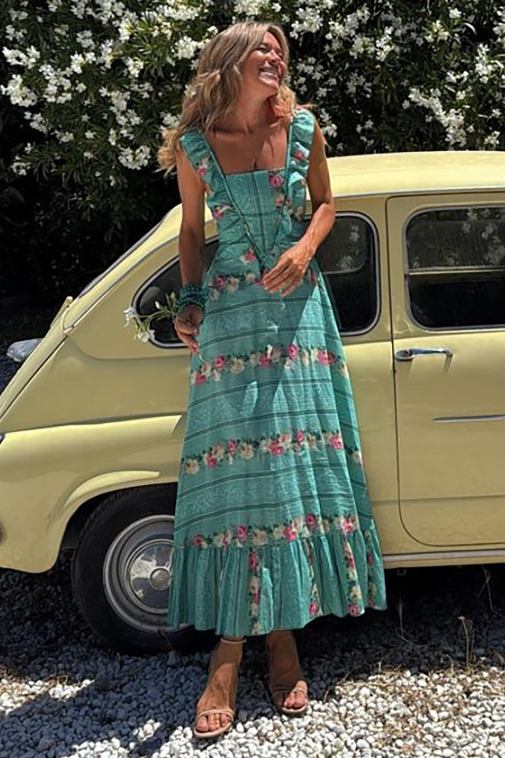 Ruffled Cami Floral Print A-Line Midi Dresses-Green [Pre Order]