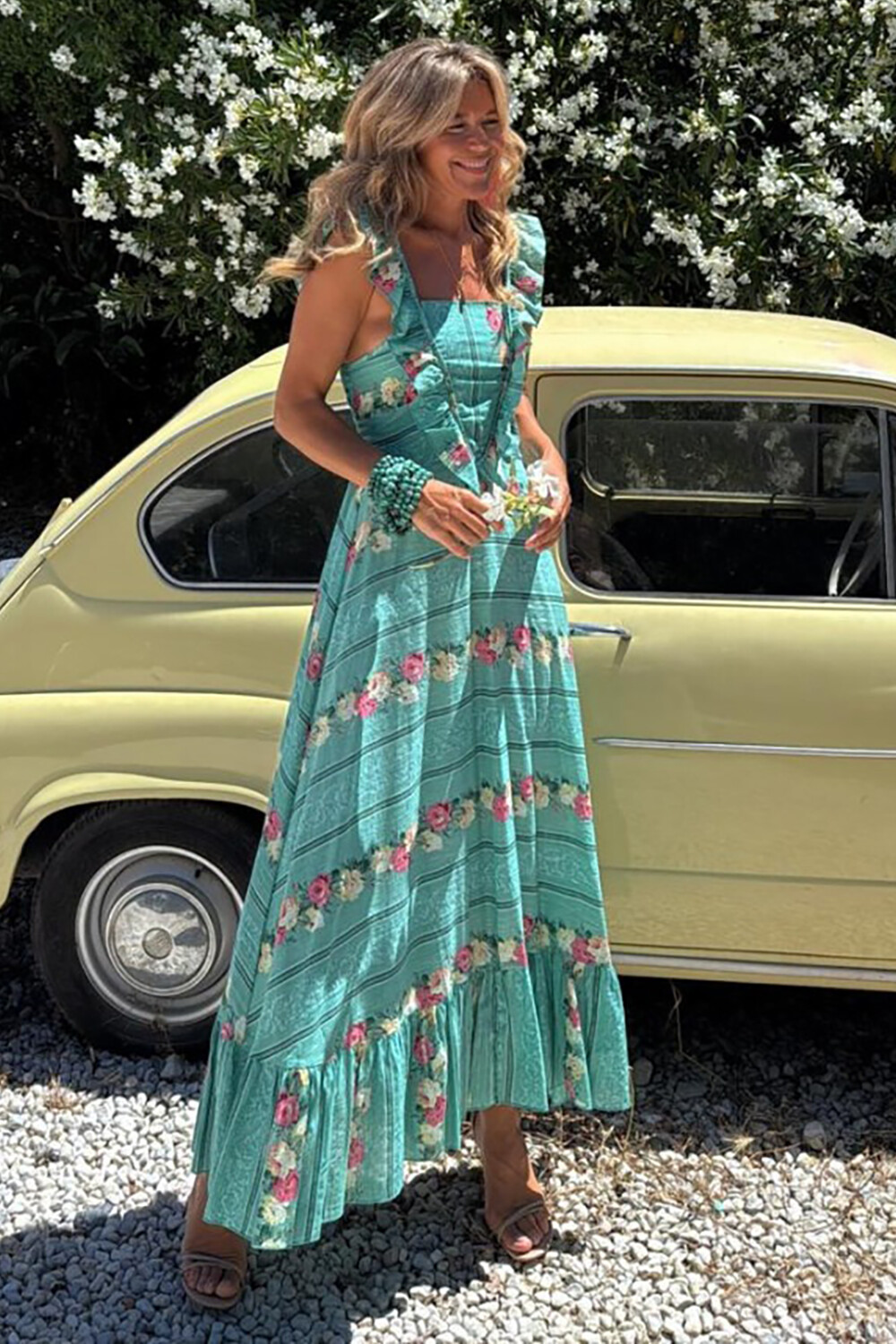Ruffled Cami Floral Print A-Line Midi Dresses-Green [Pre Order]