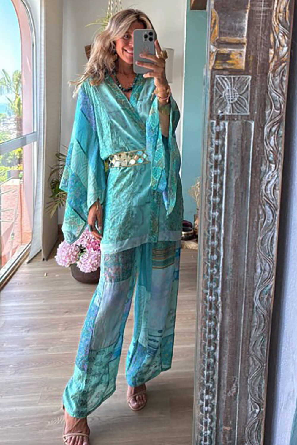 Mixed Print Kimono Cardigan Wide Leg Pants 2pcs Set-Green [Pre Order]