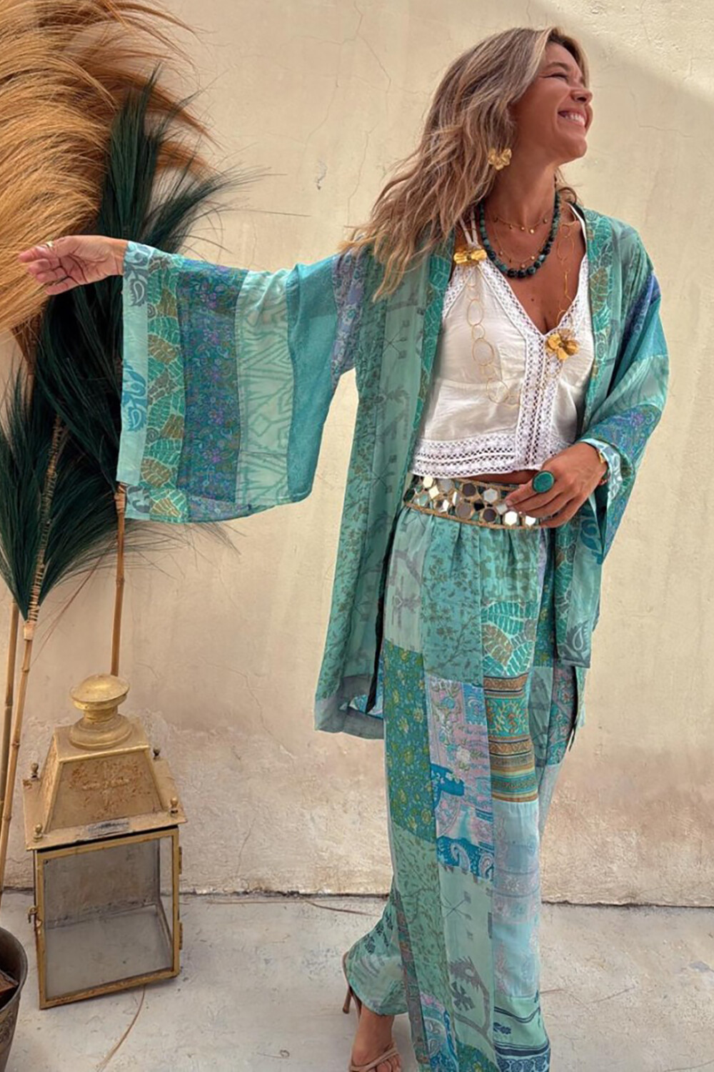 Mixed Print Kimono Cardigan Wide Leg Pants 2pcs Set-Green [Pre Order]