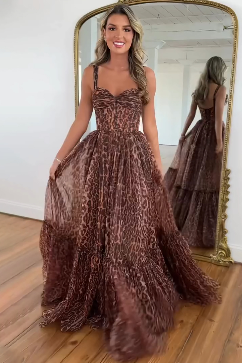 Leopard Print Cinch Waist Slip Maxi Dresses-Brown [Pre Order]