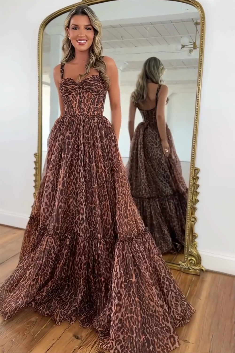 Leopard Print Cinch Waist Slip Maxi Dresses-Brown [Pre Order]