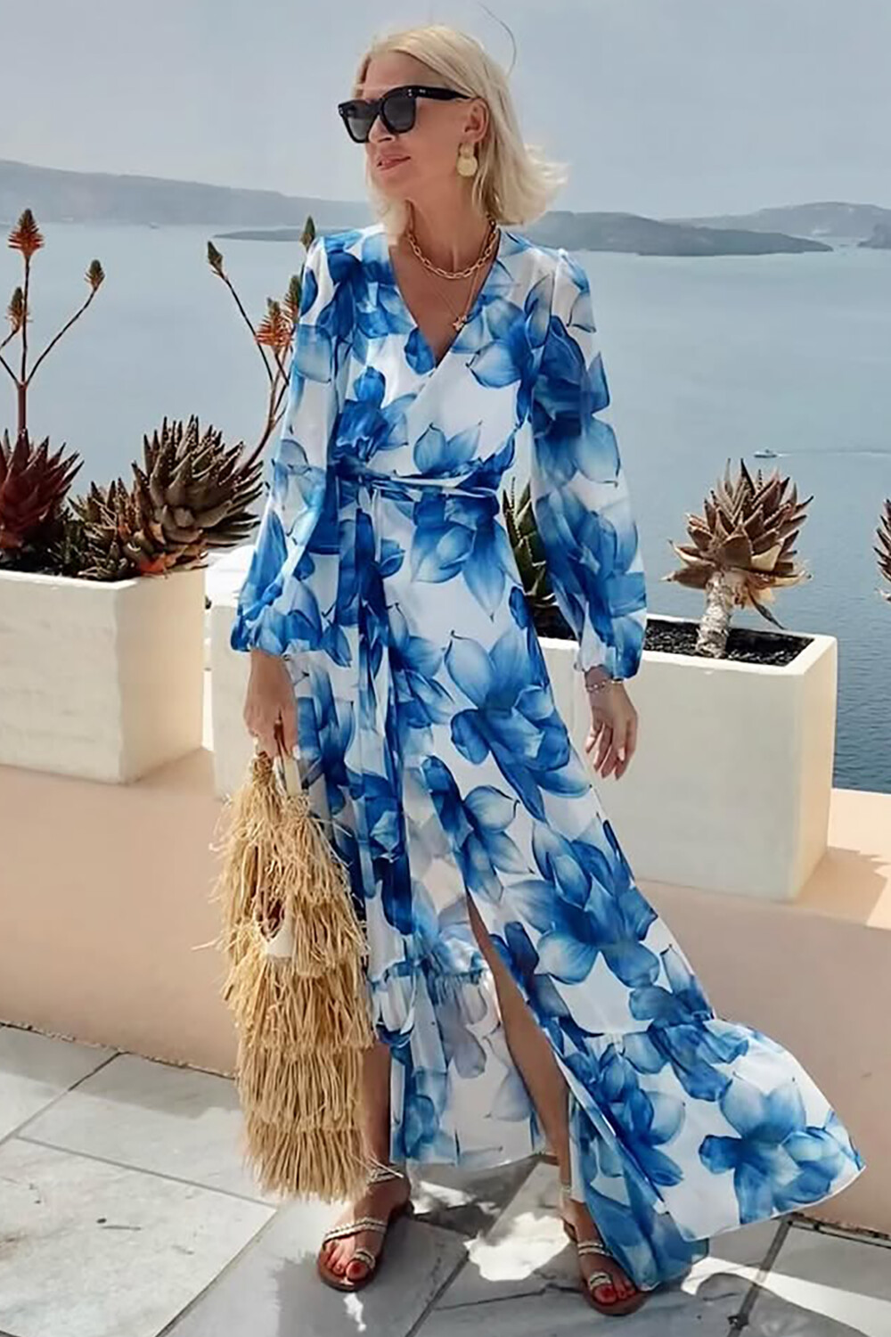 Floral Print V Neck Long Sleeve Slit Maxi Dresses-Blue [Pre Order]
