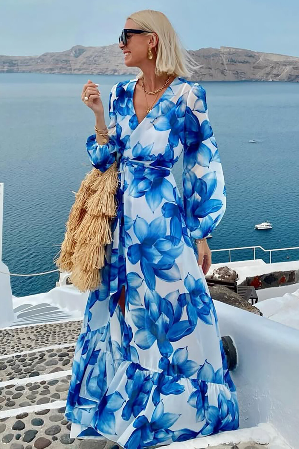 Floral Print V Neck Long Sleeve Slit Maxi Dresses-Blue [Pre Order]
