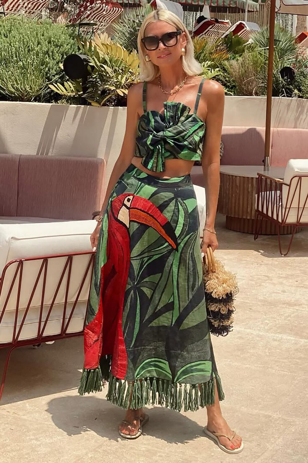 Twisted Tie Up Crop Cami Bird Print Fringed Maxi Skirt Set-Green [Pre Order]