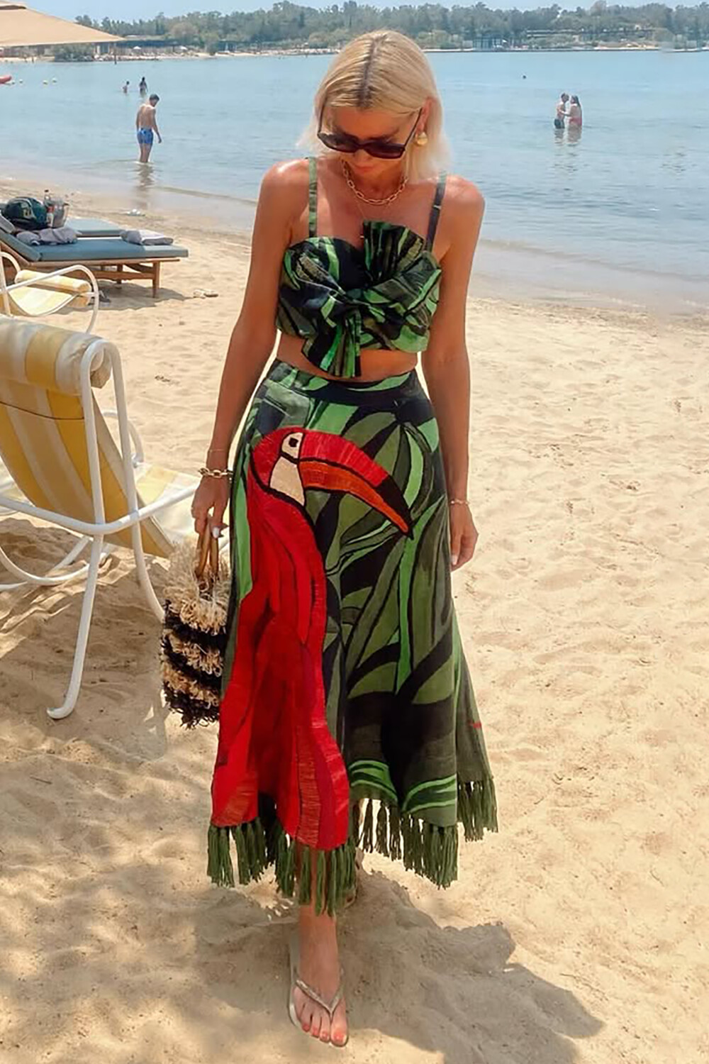 Twisted Tie Up Crop Cami Bird Print Fringed Maxi Skirt Set-Green [Pre Order]