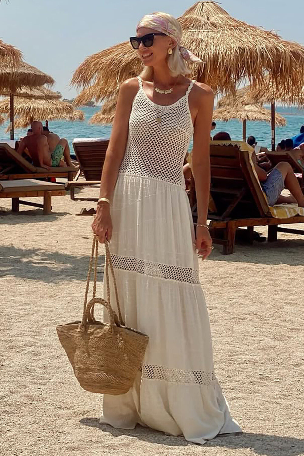 U Neck Crochet Patchwork Beach Slip Maxi Dresses-OffWhite [Pre Order]