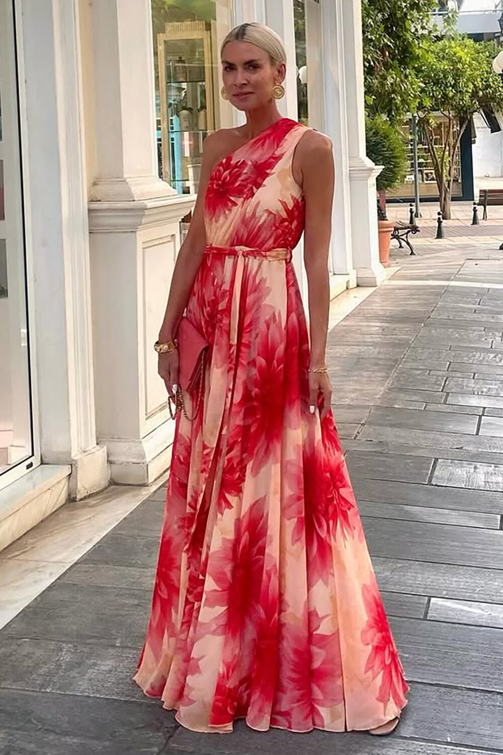 Floral Print One Shoulder Sleeveless Maxi Dresses-Yellow [Pre Order]