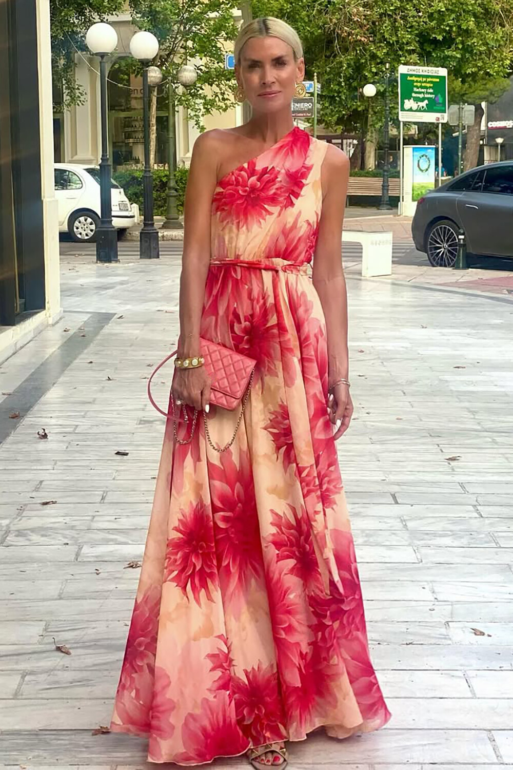 Floral Print One Shoulder Sleeveless Maxi Dresses-Yellow [Pre Order]