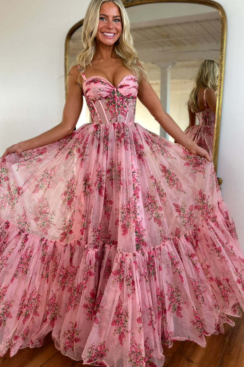 Floral Print Corset Design Flowy Gowns Slip Maxi Dresses-Pink [Pre Order]