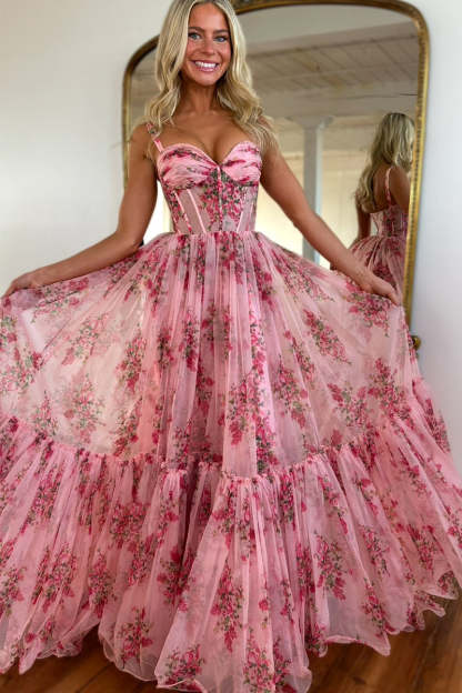 Floral Print Corset Design Flowy Gowns Slip Maxi Dresses-Pink [Pre Order]
