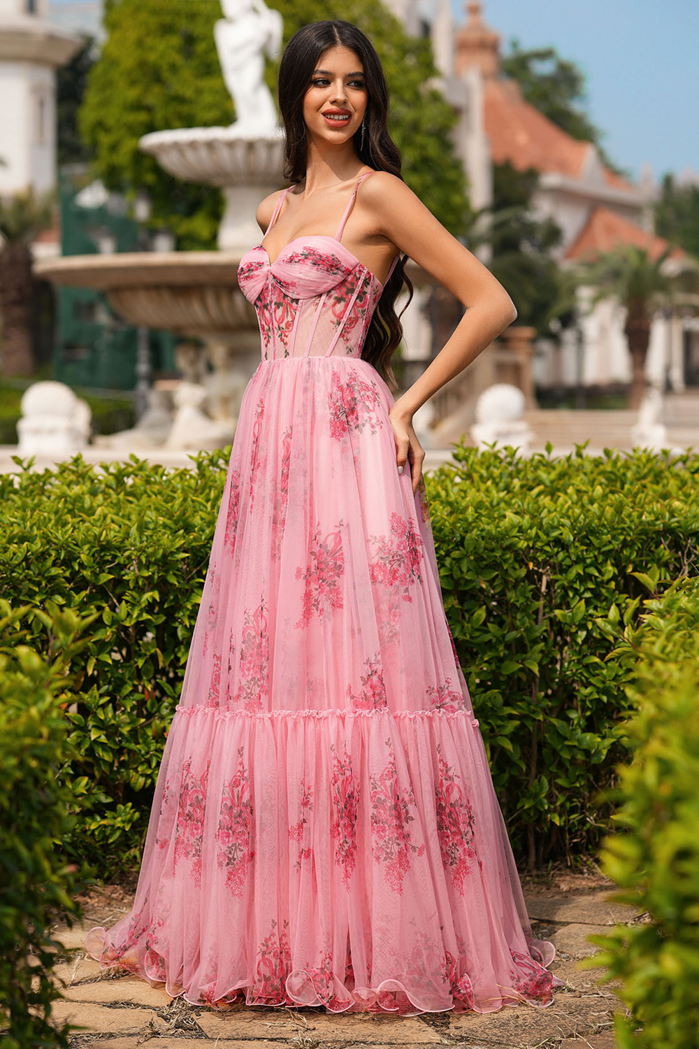 Floral Print Corset Design Flowy Gowns Slip Maxi Dresses-Pink [Pre Order]