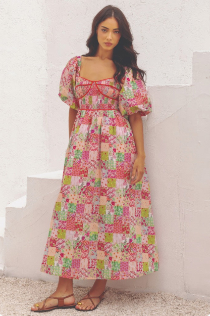 Ditsy Floral Print Puff Sleeve A-Line Midi Dresses-Pink [Pre Order]