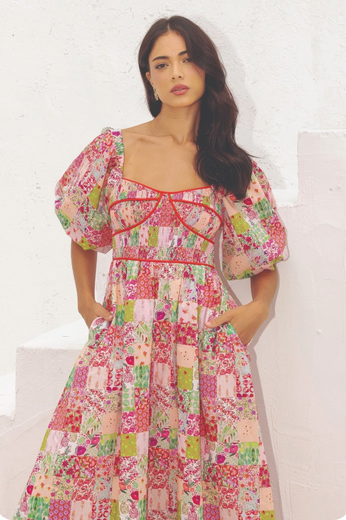 Ditsy Floral Print Puff Sleeve A-Line Midi Dresses-Pink [Pre Order]