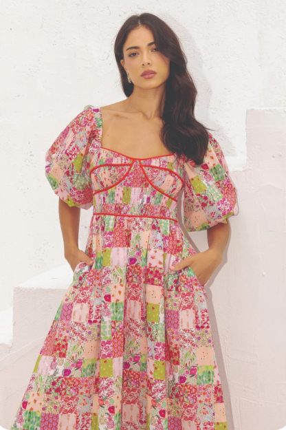 Ditsy Floral Print Puff Sleeve A-Line Midi Dresses-Pink [Pre Order]