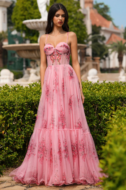 Floral Print Corset Design Flowy Gowns Slip Maxi Dresses-Pink [Pre Order]