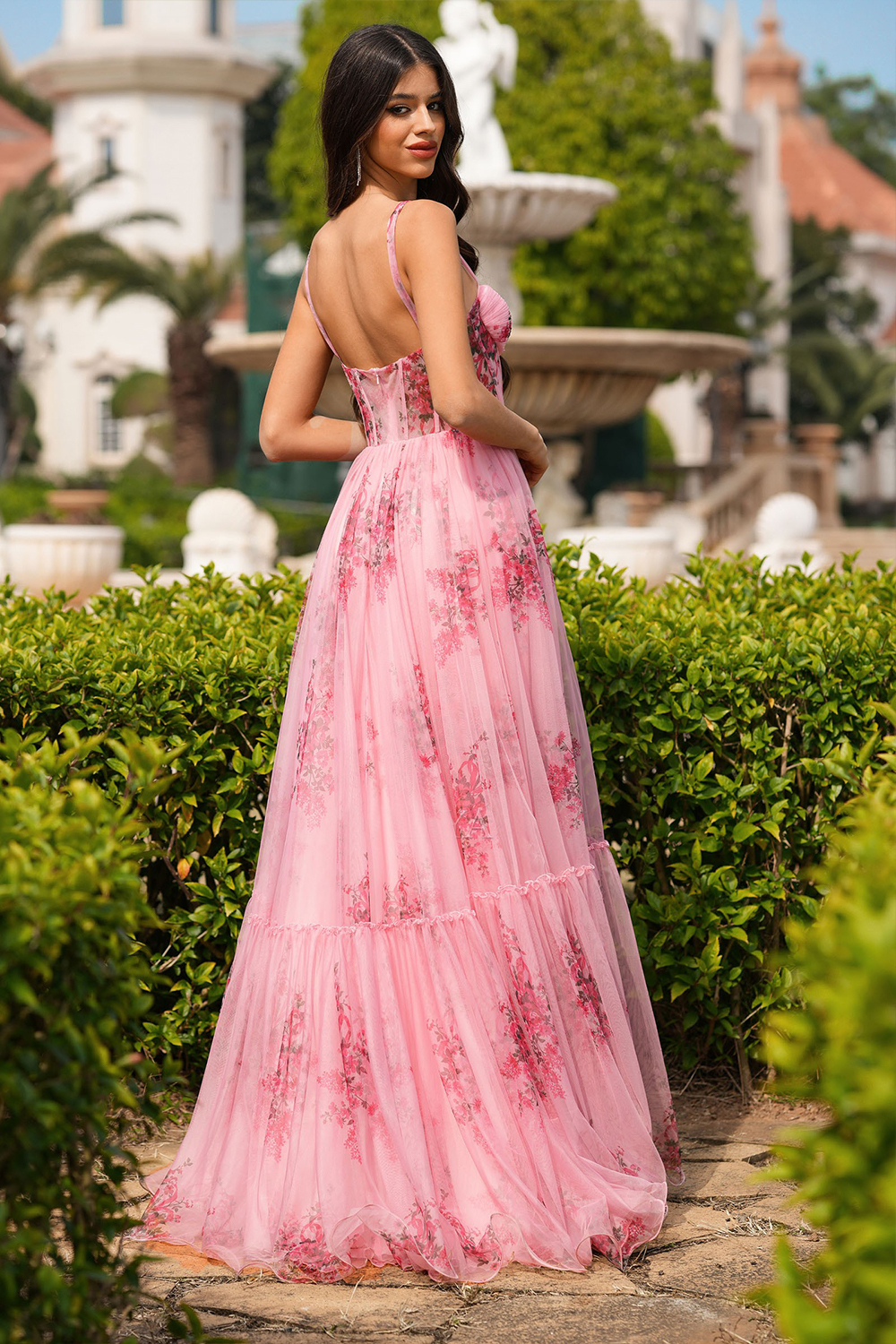 Floral Print Corset Design Flowy Gowns Slip Maxi Dresses-Pink [Pre Order]
