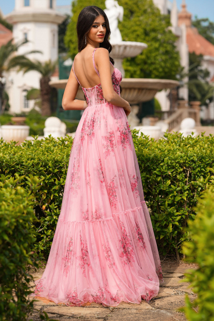 Floral Print Corset Design Flowy Gowns Slip Maxi Dresses-Pink [Pre Order]