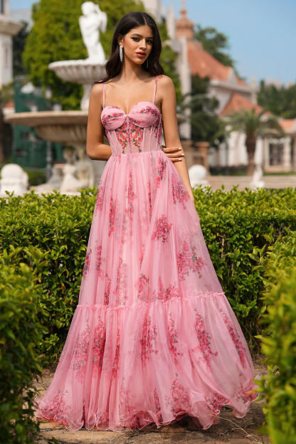 Floral Print Corset Design Flowy Gowns Slip Maxi Dresses-Pink [Pre Order]