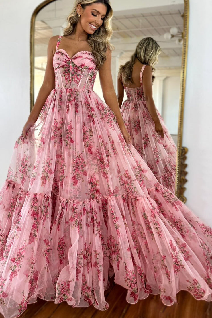 Floral Print Corset Design Flowy Gowns Slip Maxi Dresses-Pink [Pre Order]