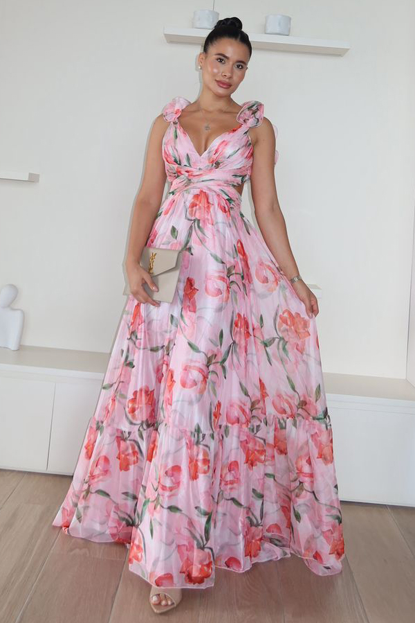 Floral Print Ruffled Straps Lace Up Backless Maxi Dresses-Pink [Pre Order]