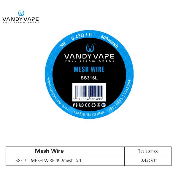 Authentic Vandyvape Kanthal SS316L Mesh Wire 400 mesh 0.43ohm 5Feet