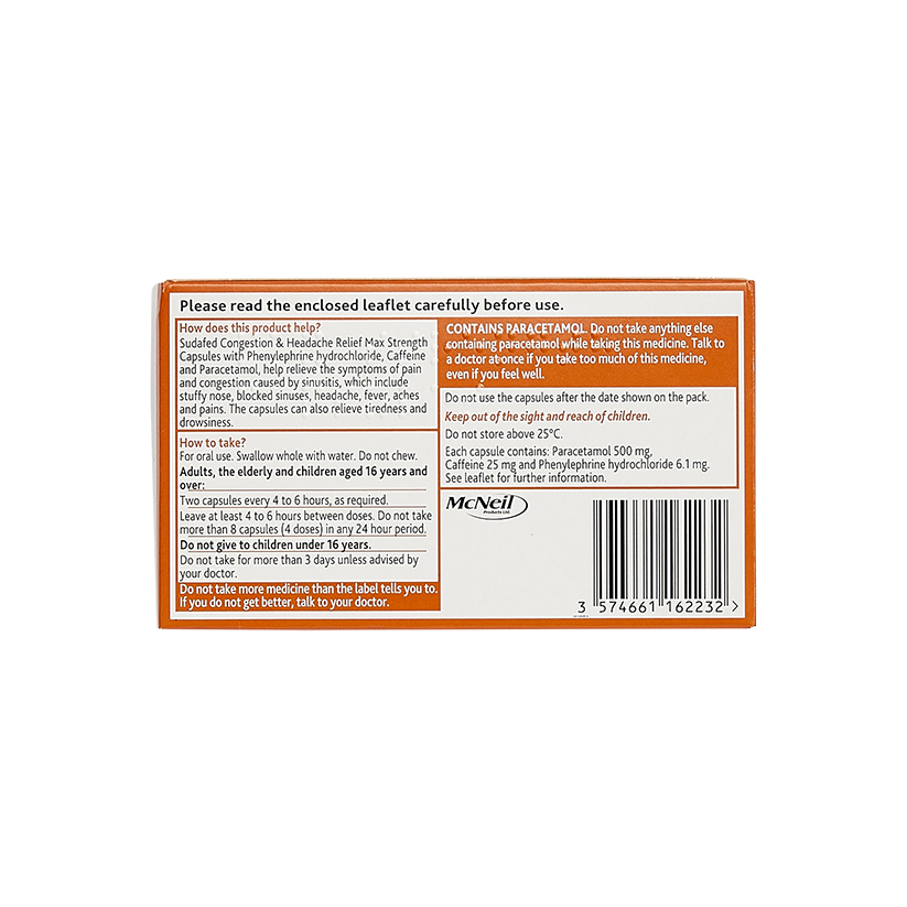 Sudafed Congestion & Headache Relief Max Strength Capsules 16s