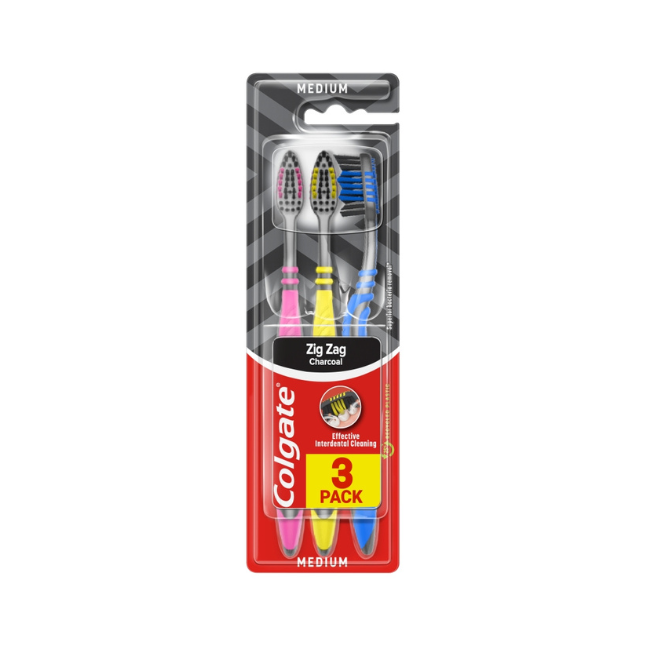 Colgate ZigZag Black Medium Manual Toothbrush x3