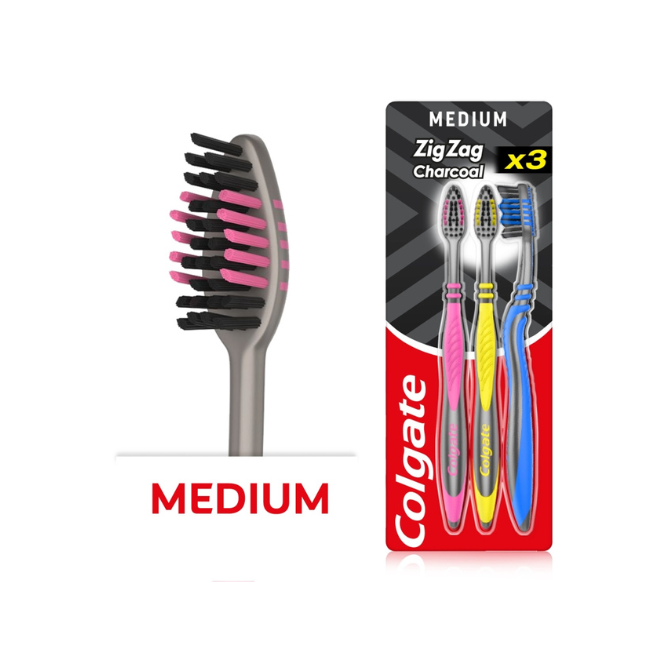 Colgate ZigZag Black Medium Manual Toothbrush x3