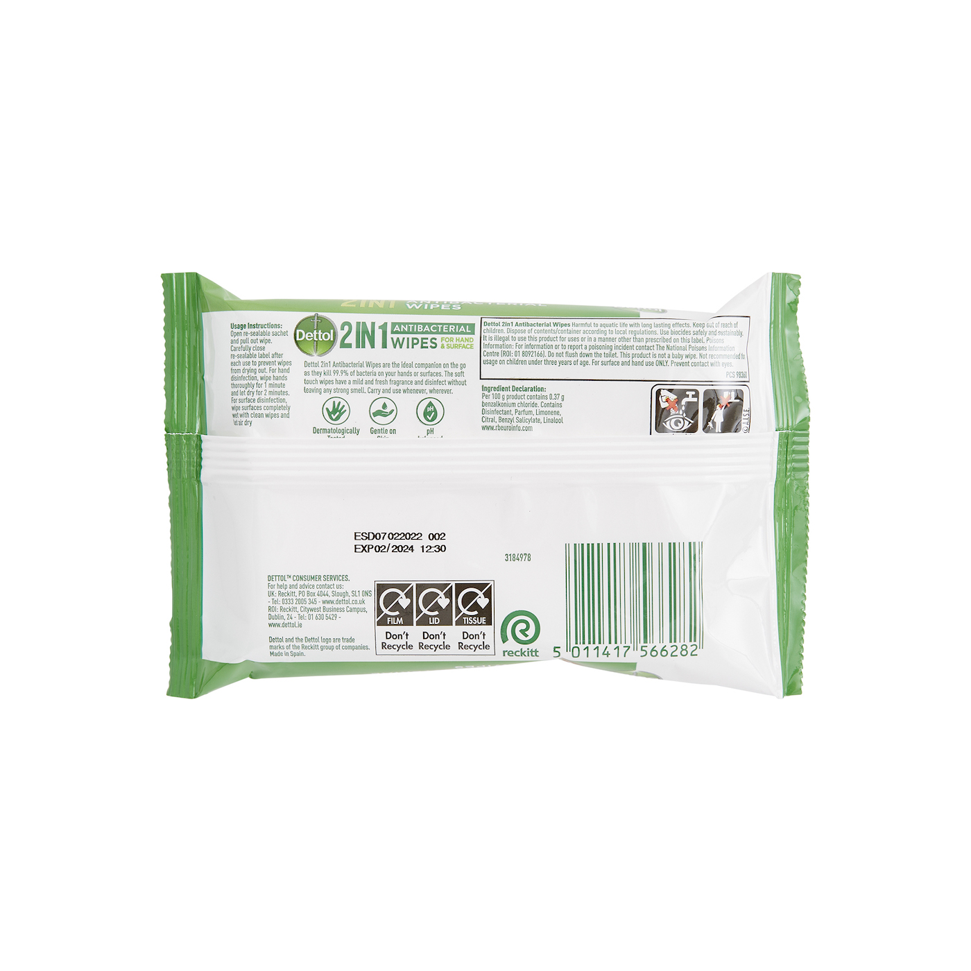 Dettol 2 in 1 Anti-Bacterial Wipes 15's