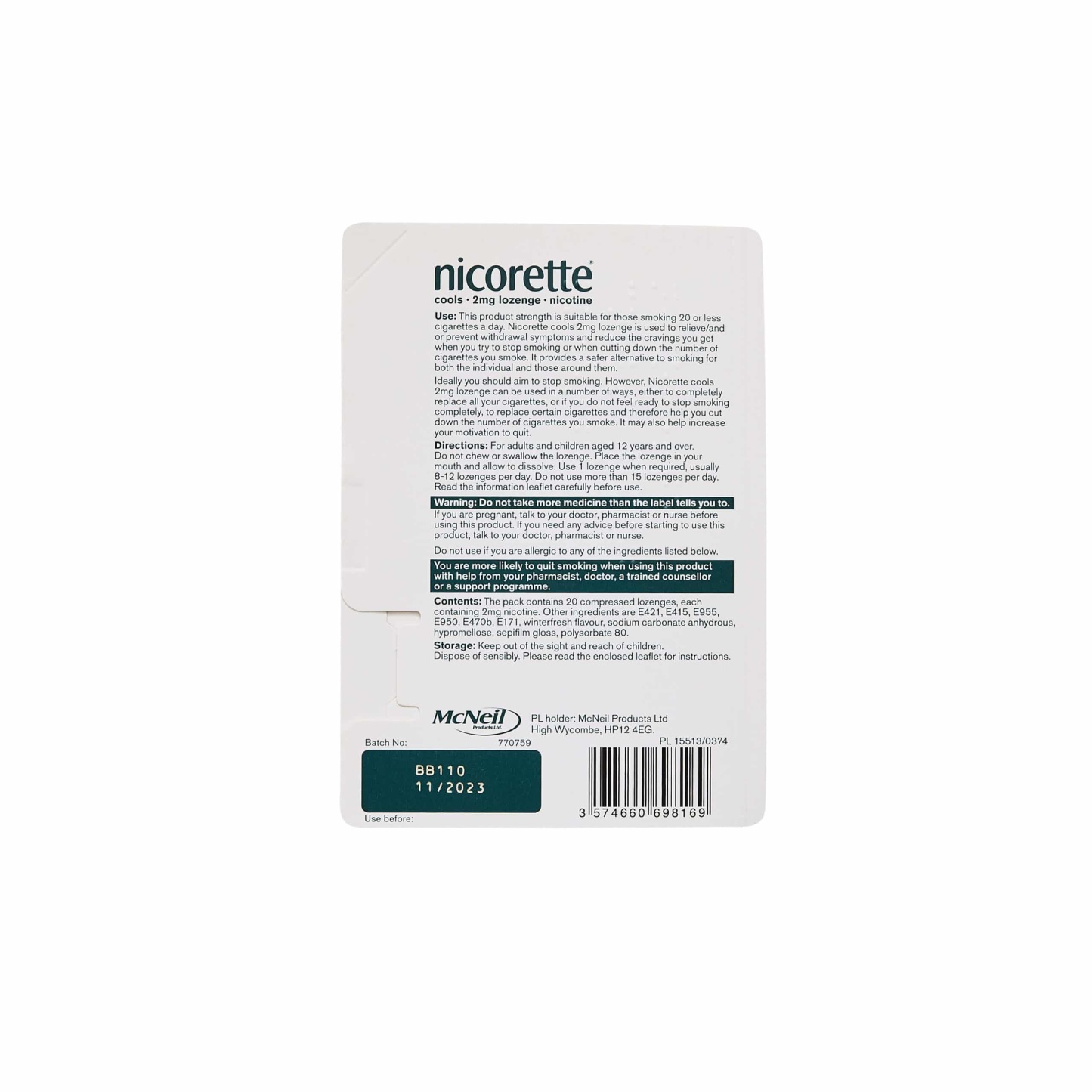 Nicorette Cools 2mg Lozenge Nicotine Icy Mint 20's
