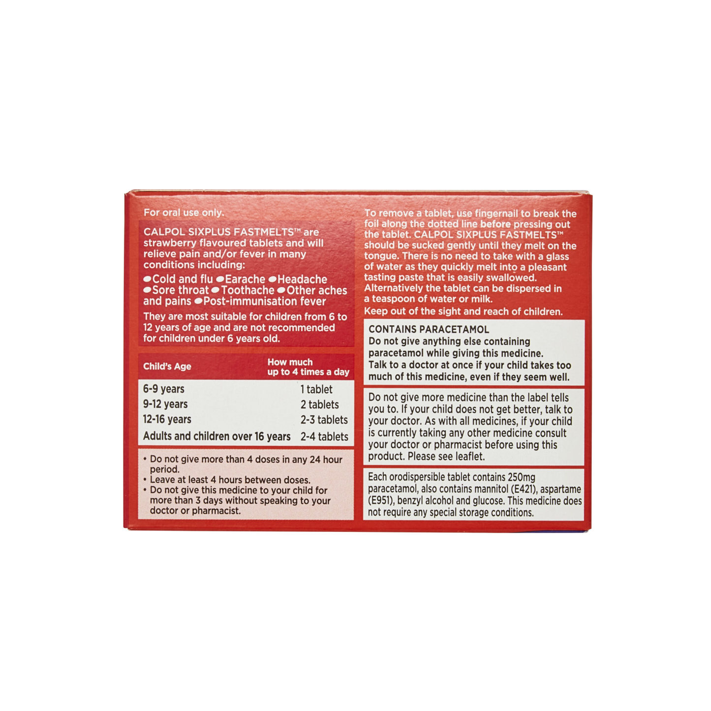 Calpol SixPlus Fastmelts Paracetamol Strawberry Flavour Melt in the Mouth Tablets 6+ Years 12's