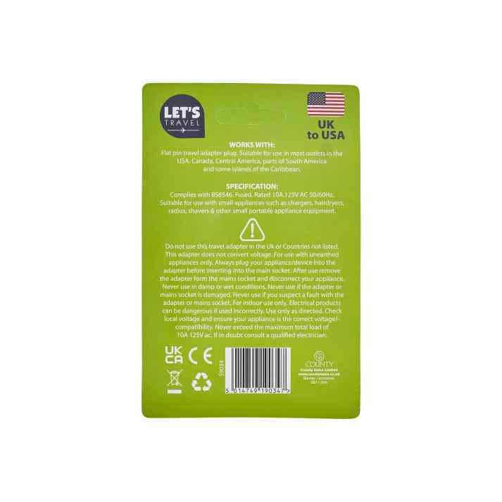 Let's Travel UK to USA Travel Adapter