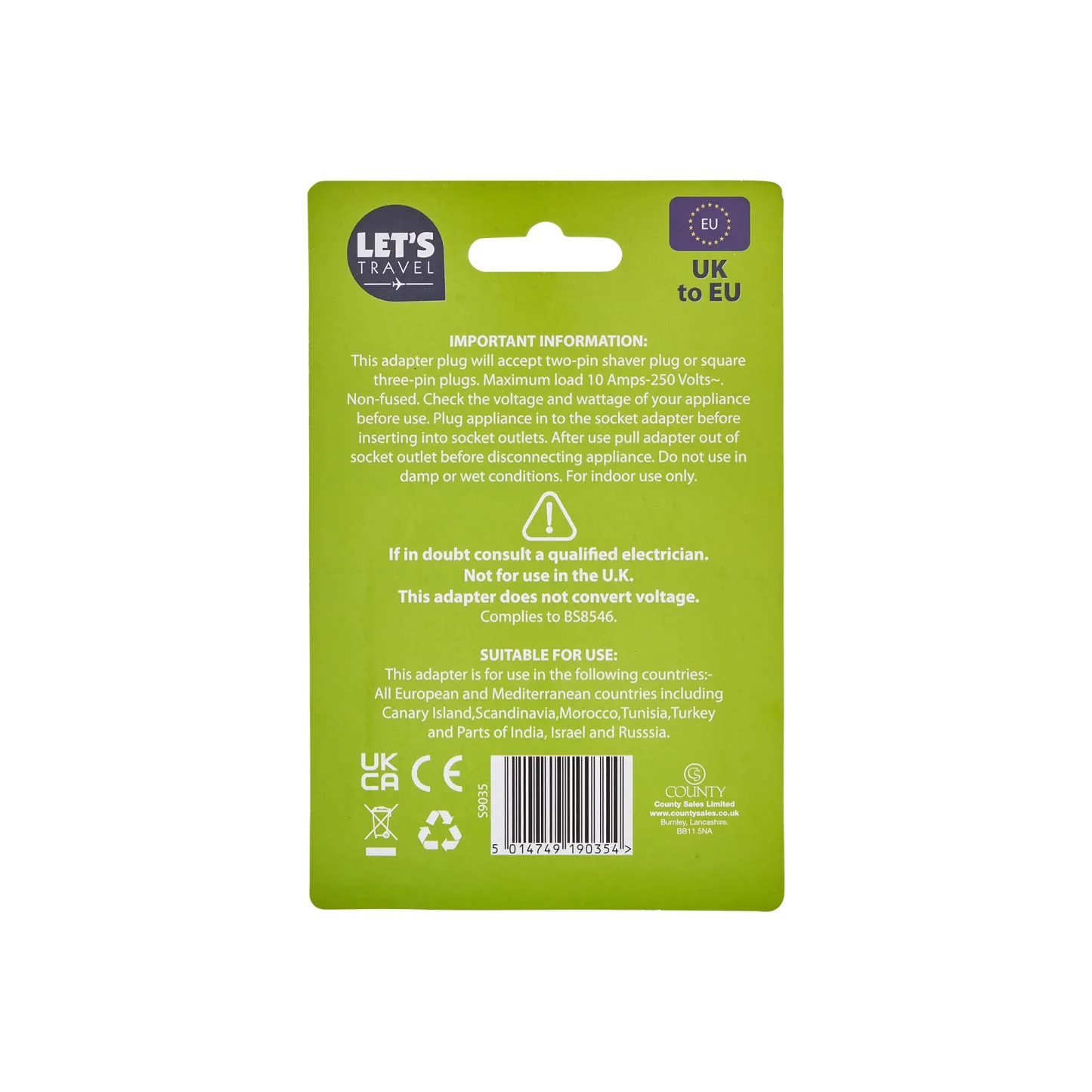 Let's Travel UK to Europe Travel Adapter