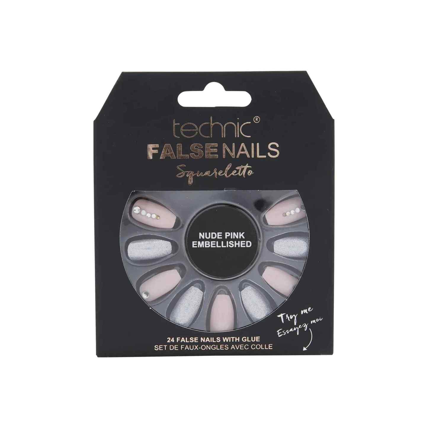 Technic False Nails Squareletto Nude Pink Embellished