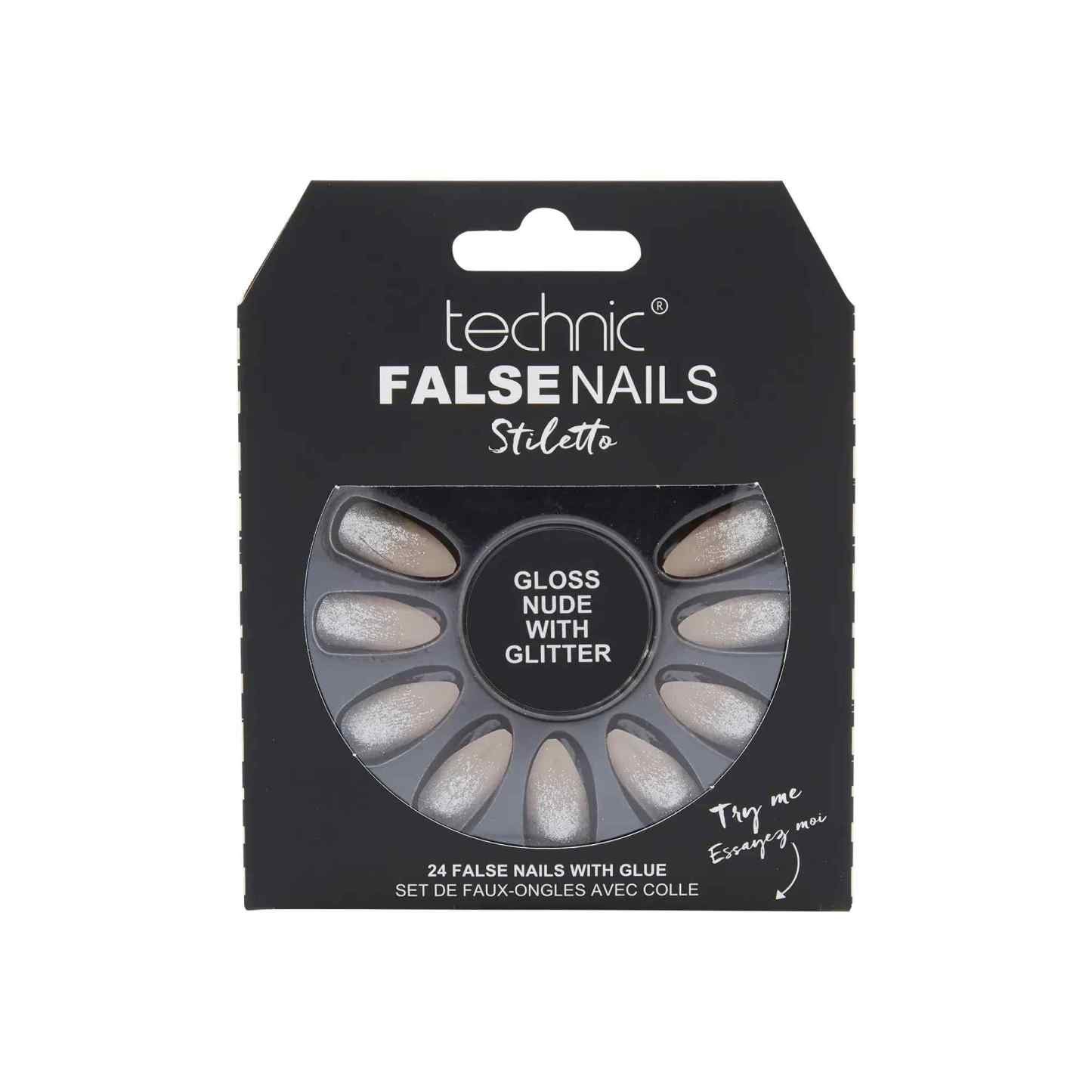 Technic False Nails Stiletto Gloss Nude with Glitter