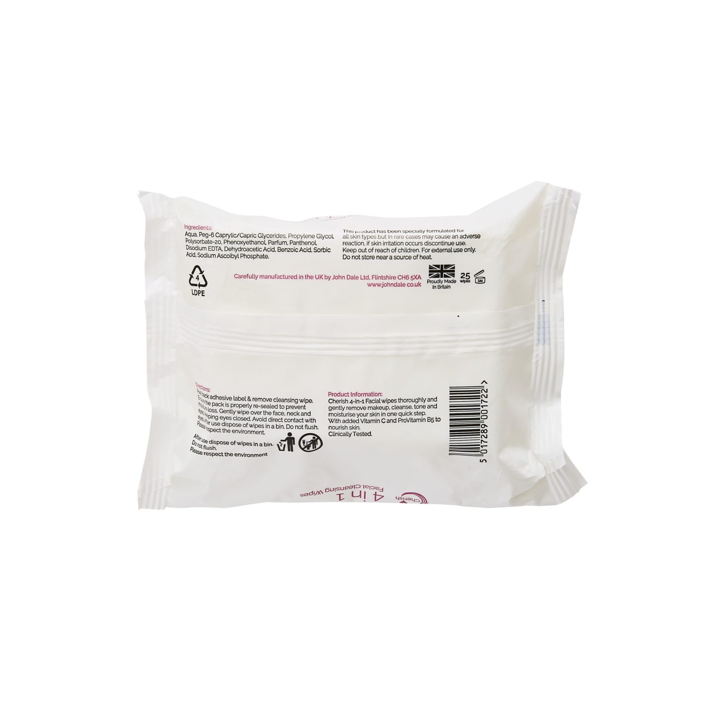Cherish 4 in 1 Facial Cleansing Wipes 25's