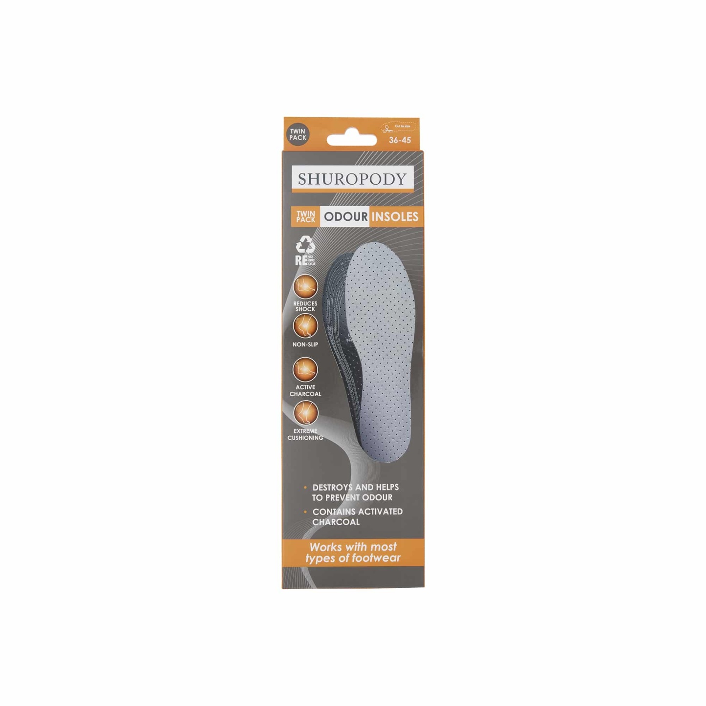 Shuropody Odour Insoles Twin Pack Cut To Size 36-45
