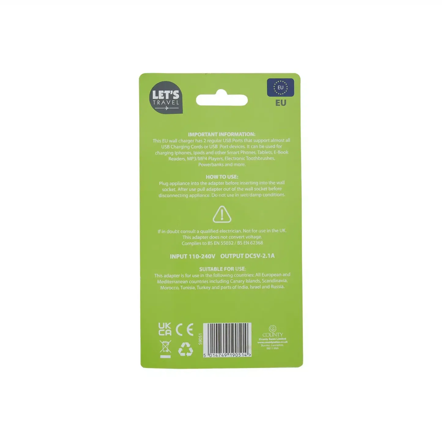 Let's Travel 2 Port USB Adapter Euro