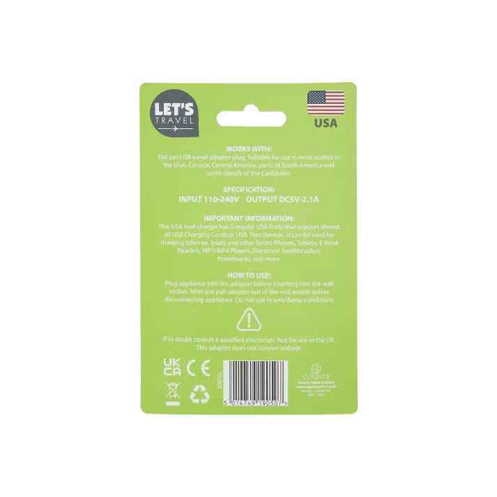 Let's Travel 2 Port USB Adapter USA