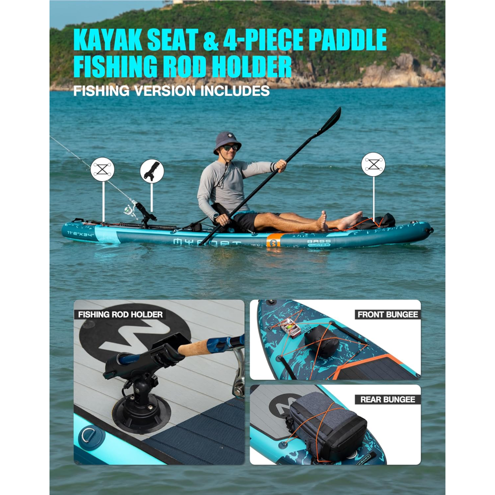 11'6" Extra Wide Inflatable Paddle Board 34" Stand Up SUP for Fishing with 3 Removable Fins Dual Bungees Camera Mount Hand Pump Strong Paddle 5L Dry Bag Leash