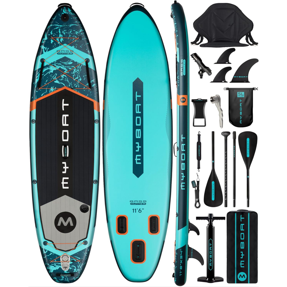 11'6" Extra Wide Inflatable Paddle Board 34" Stand Up SUP for Fishing with 3 Removable Fins Dual Bungees Camera Mount Hand Pump Strong Paddle 5L Dry Bag Leash