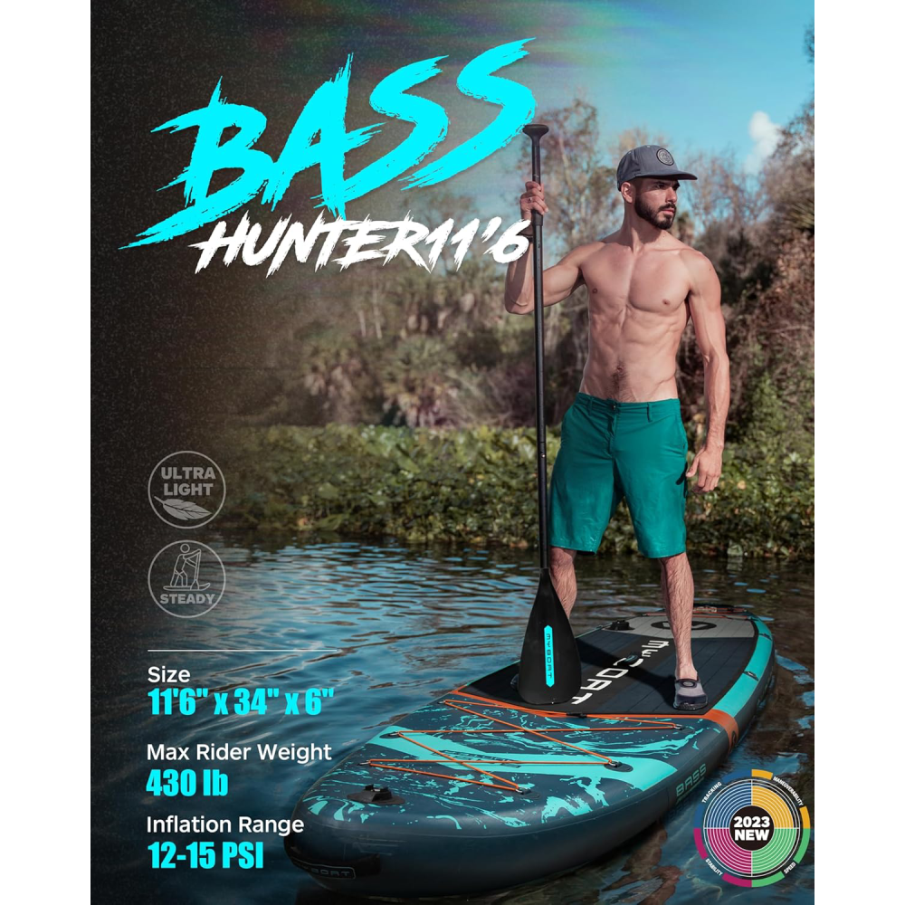 11'6" Extra Wide Inflatable Paddle Board 34" Stand Up SUP for Fishing with 3 Removable Fins Dual Bungees Camera Mount Hand Pump Strong Paddle 5L Dry Bag Leash